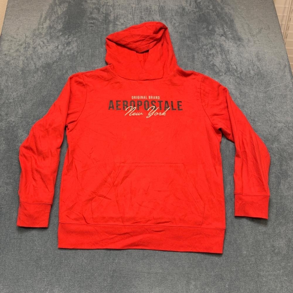 Aeropostale Hoodie Mens L Red Graphic Logo Fleece Ribbed Hem New York Pullover